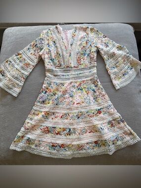 Floral Eyelet Mini Dress Large Bell Sleeve Ladder Trim Boho Chic Spring Summer